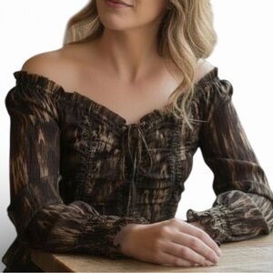 House of Harlow 1960 Blouse - Ruffle Lace-Up Long Sleeve - Brown - Size Medium